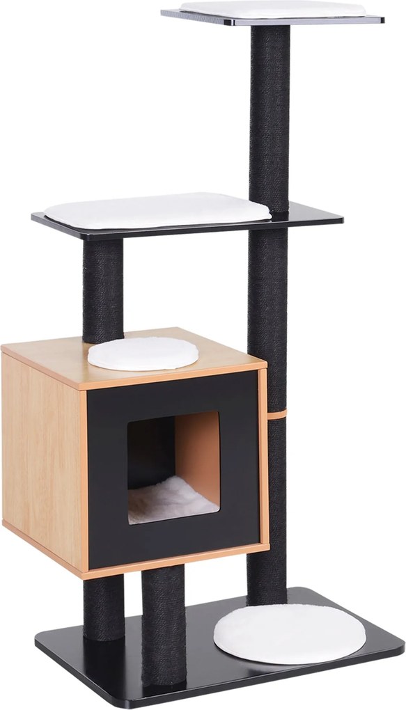 PawHut Kortárs Dizájn Kiscica Kaparófa Naturál Sisal Tevékenységi Központ Rejtekhely Platformok Feszes Labdával 71,5L x 49,5W x 120H cm MDF Fekete Bük