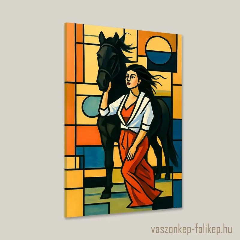 Nő és a fekete ló vászonkép – modern geometrikus harmónia 40x60cm