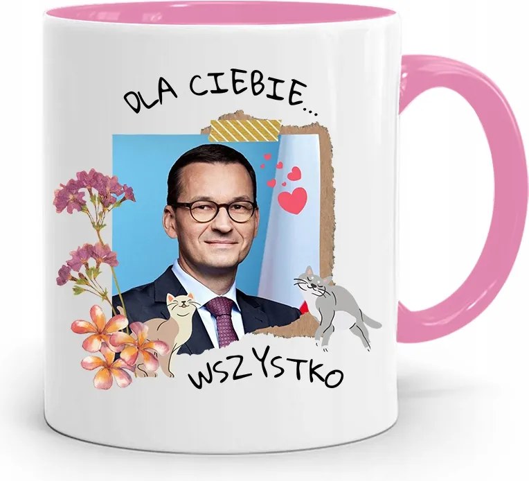 Rózsaszín Politikai Bögre Mateusz Morawiecki Miniszterelnök fényképes nyomtatással
