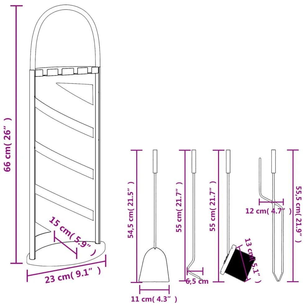 5 részes acél kandallószerszám-készlet 23 x 15 x 66 cm
