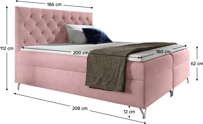 Boxspring ágy, 180x200, rózsaszín Velvet szövet, GULIETTE + ajándék