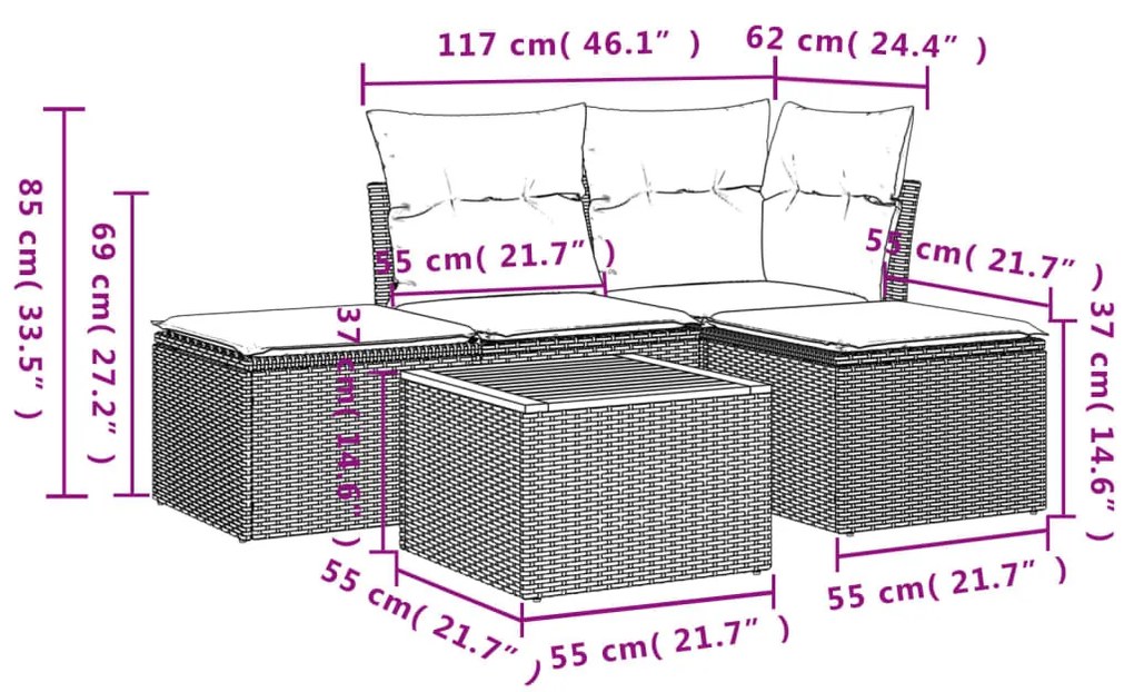 5 részes bézs polyrattan kerti ülőgarnitúra párnákkal