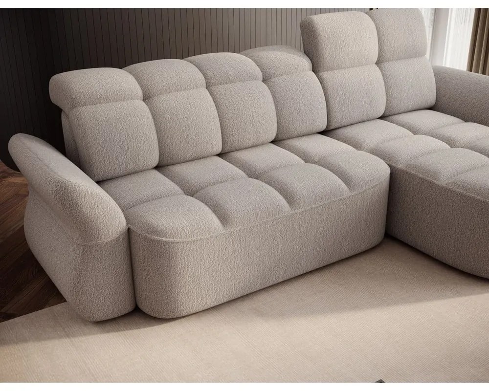 Bézs buklé kinyitható-tárolóhelyes sarokkanapé (jobb oldali-heverő résszel) Beneth – ELTAP