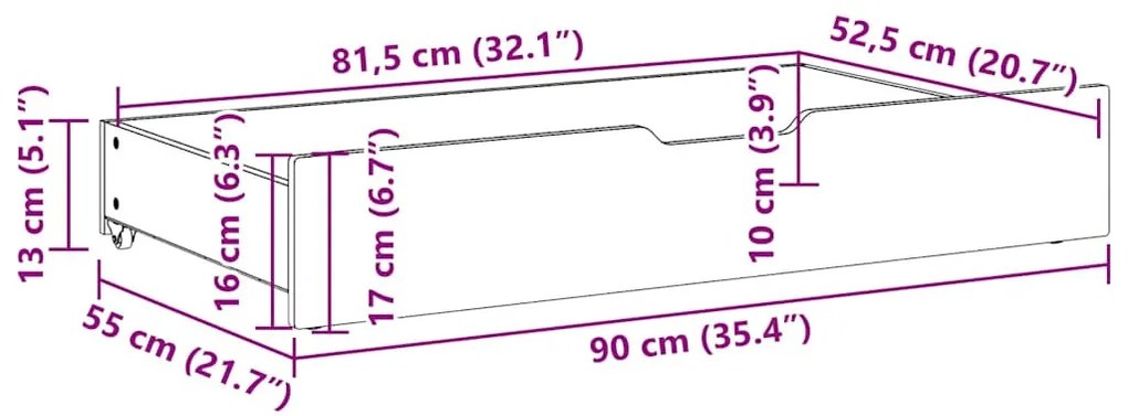 2 db tömör fenyőfa ágy alatti fiók kerékkel 90 x 55 x 16 cm