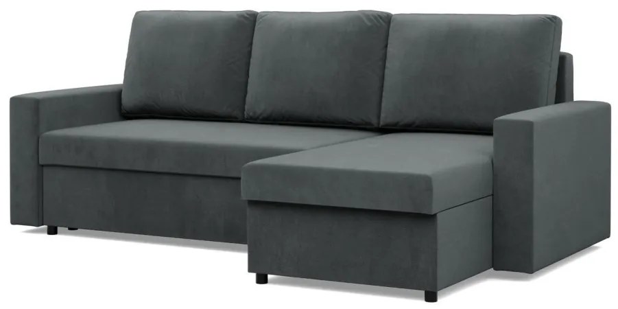 Zeus sarokkanapé, 1 ágyneműtartóval, egyenes kartámasz, bársony, univerzális oldal, hab töltet, szürke