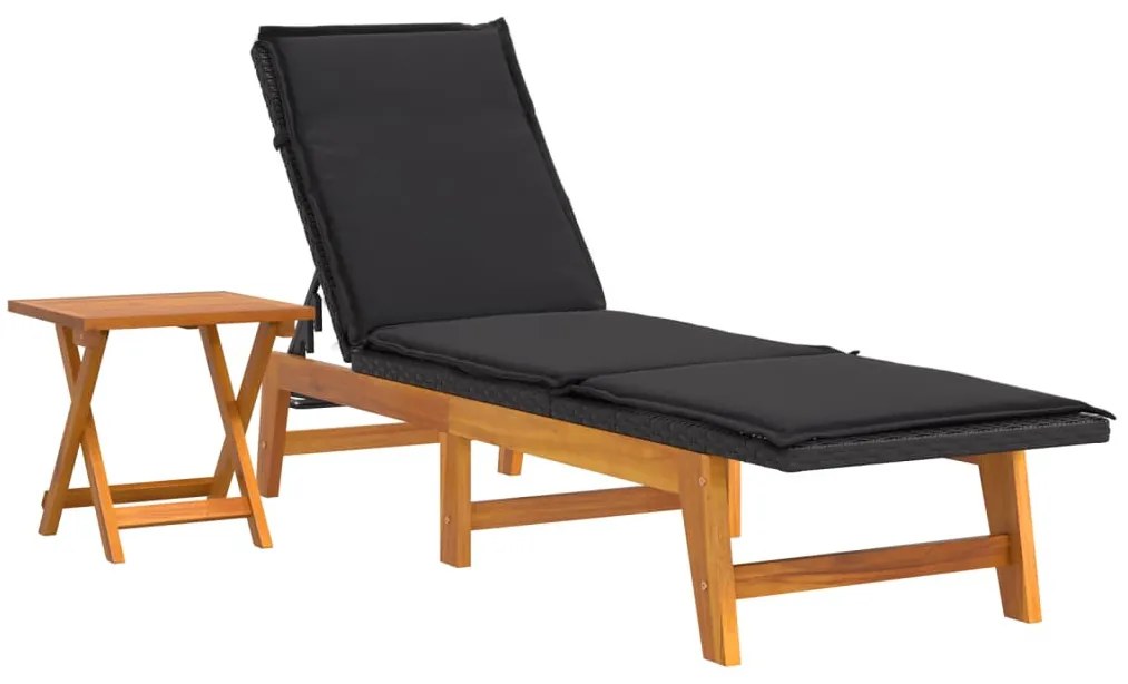Polyrattan és tömör akácfa napozóágy asztallal