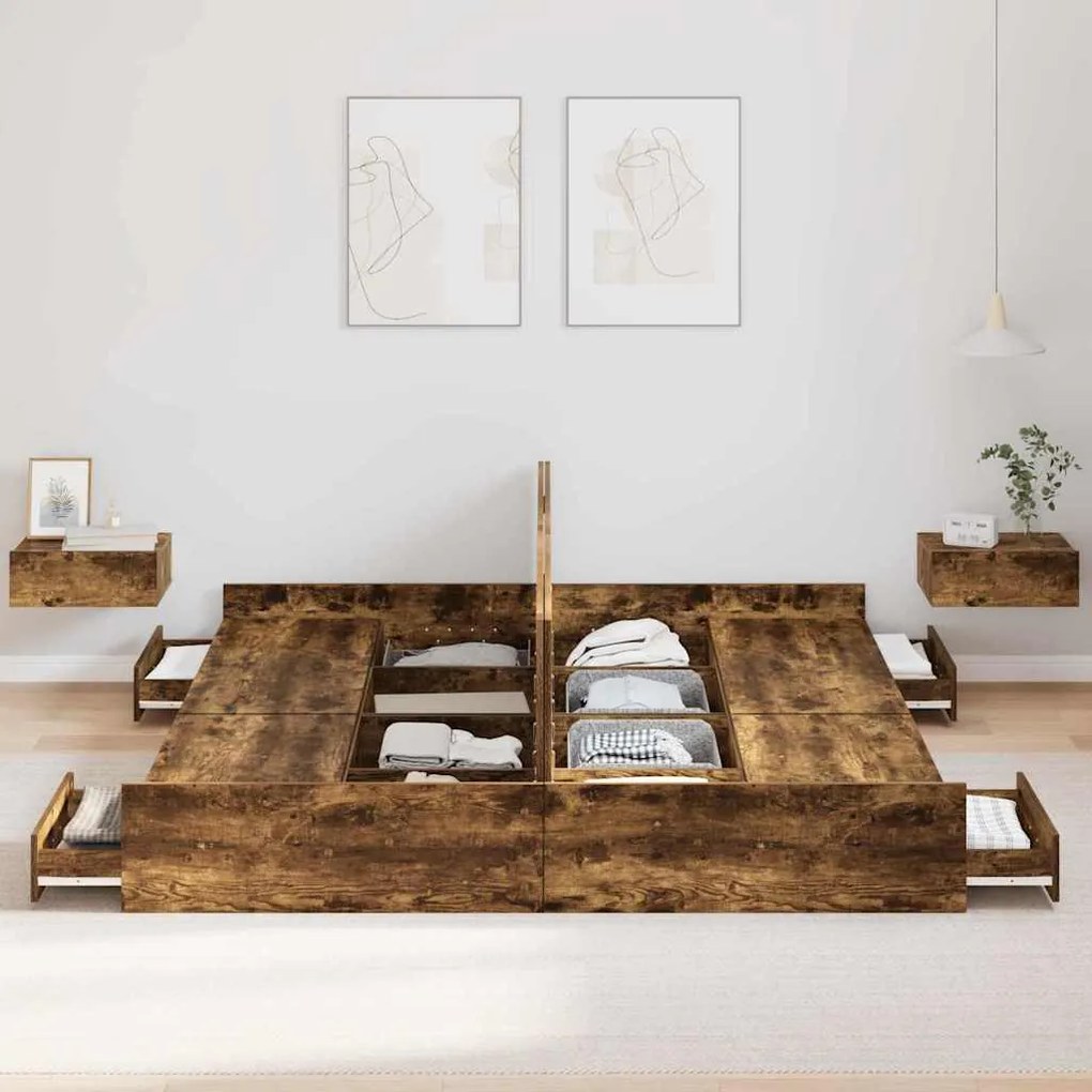 Ágykeret tárolóval fiókkal Füstölt tölgy 200 x 200 cm Faanyag