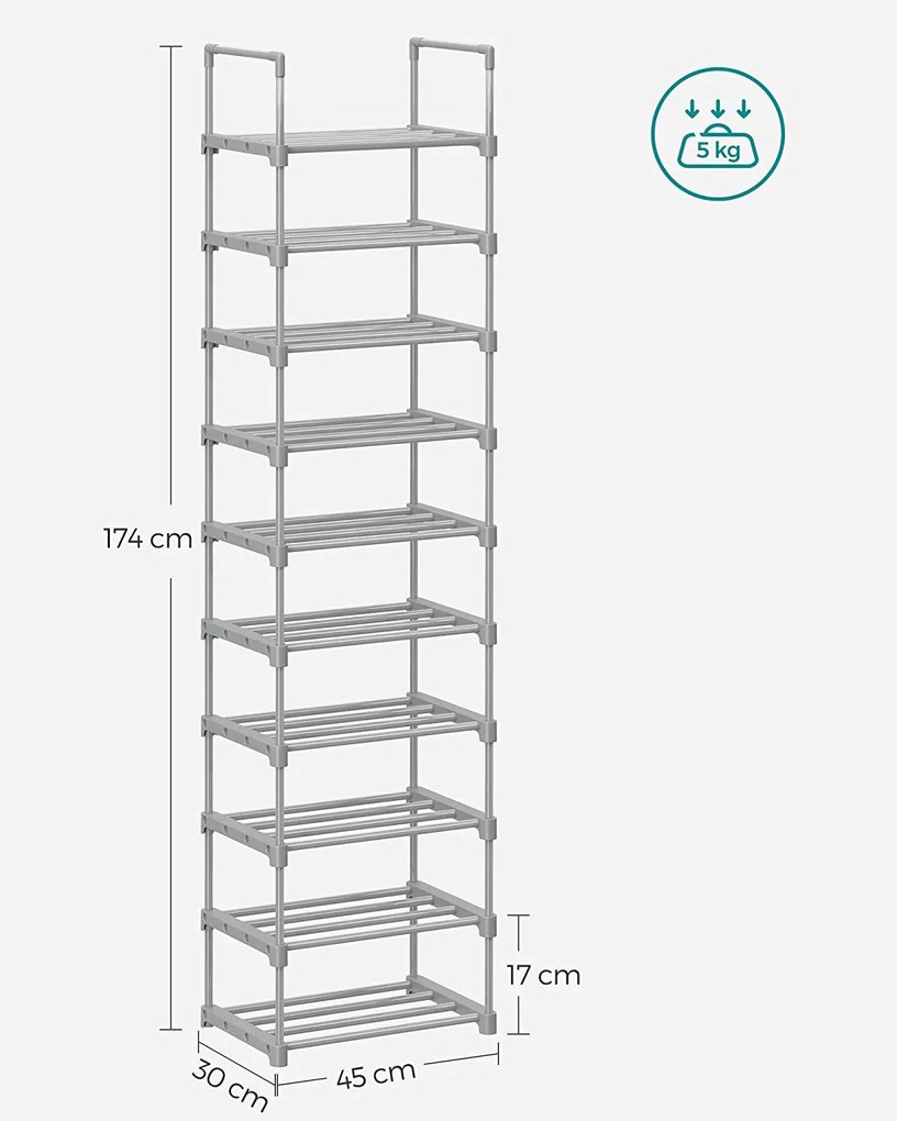 10 polcos cipőtartó, cipőtároló polc 174x45x30cm, szürke