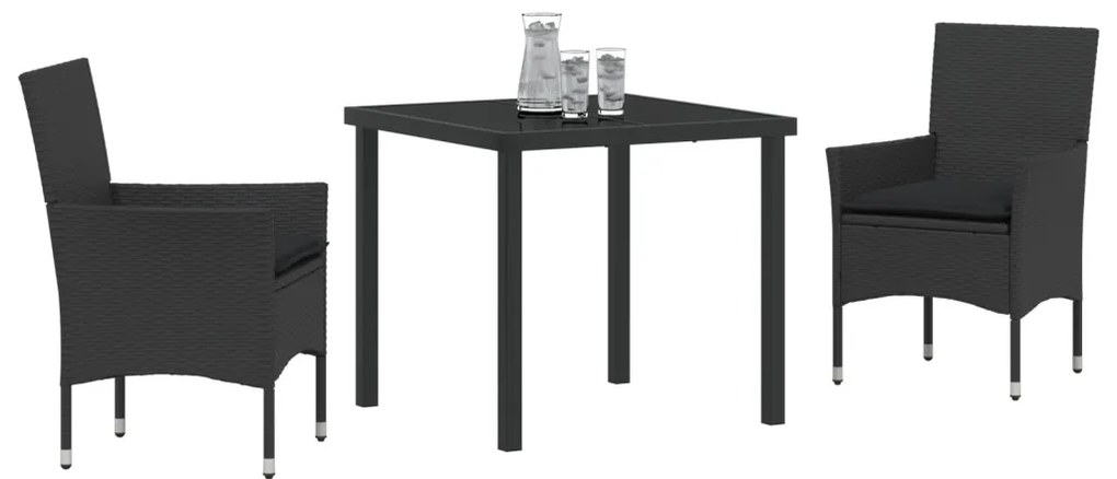 3 Részes Kert Étkezőszett párnákkal Fekete Polirattan, Kert Asztal Fekete 80x80x73 cm Edzett Üveg