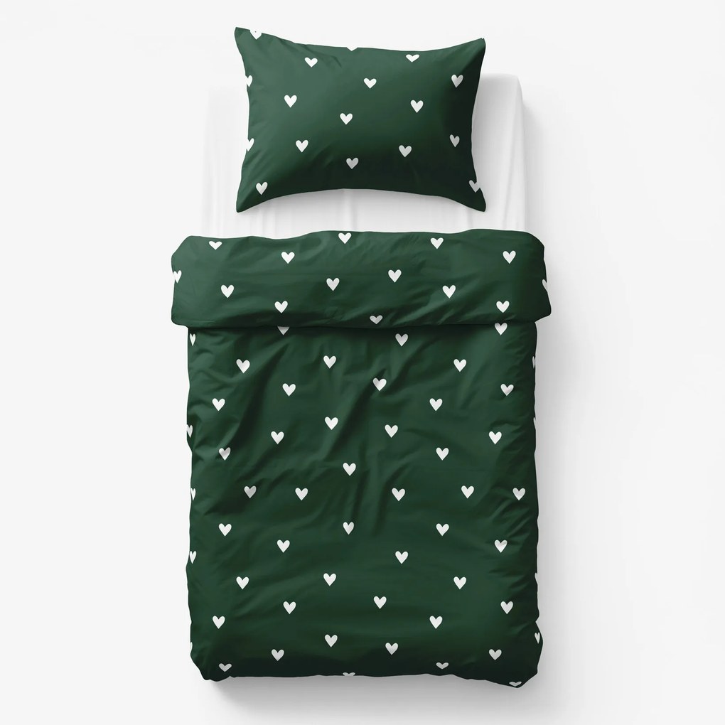 Goldea gyermek pamut ágyneműhuzat - szívecskék, sötétzöld alapon 140 x 200 és 70 x 90 cm