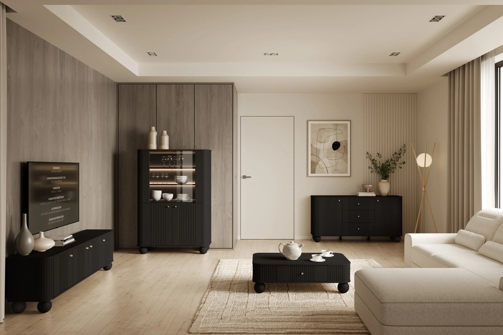 Vesper vitrin 103 cm - fekete / arany fogantyúk / gömb lábak