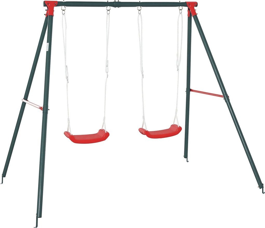 Outsunny Kettős Hinta Készlet Kicsiknek 3 Év Felett Fém Állvánnyal, Állítható Kötél, Kültéri, 40 kg Maximális Terhelhetőség, 239x156x180 cm, Zöld-Piro