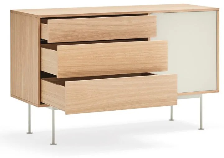 Yoko krémfehér komód tölgyfa dekorral, szélesség 128 cm - Teulat