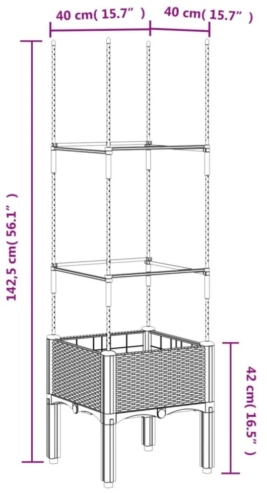 kékszürke polipropilén rácsos kerti ültetőláda 40 x 40 x 142,5 cm