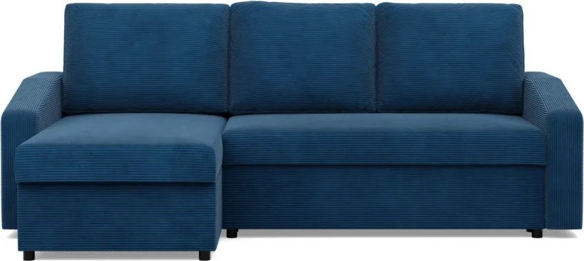 Zeus sarokkanapé, 1 ágyneműtartóval, döntött kartámasz, kordbársony, univerzális oldal, hab töltet, kék