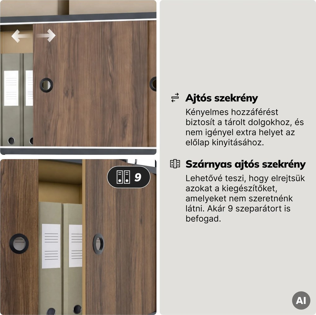 Iratrendező polc zárható szekrénnyel, irodai, nyitott polcok, fém antracit/dió, 800x2200x400 mm: ARIEL Eco Design