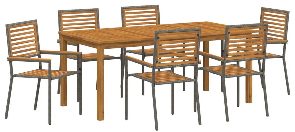 7 Részes Kerti Étkező Szett Szürke Poli Rattan Akác, Egymásra Rakható Kerti Székek Párnákkal 2 db Szürke Poli Rattan