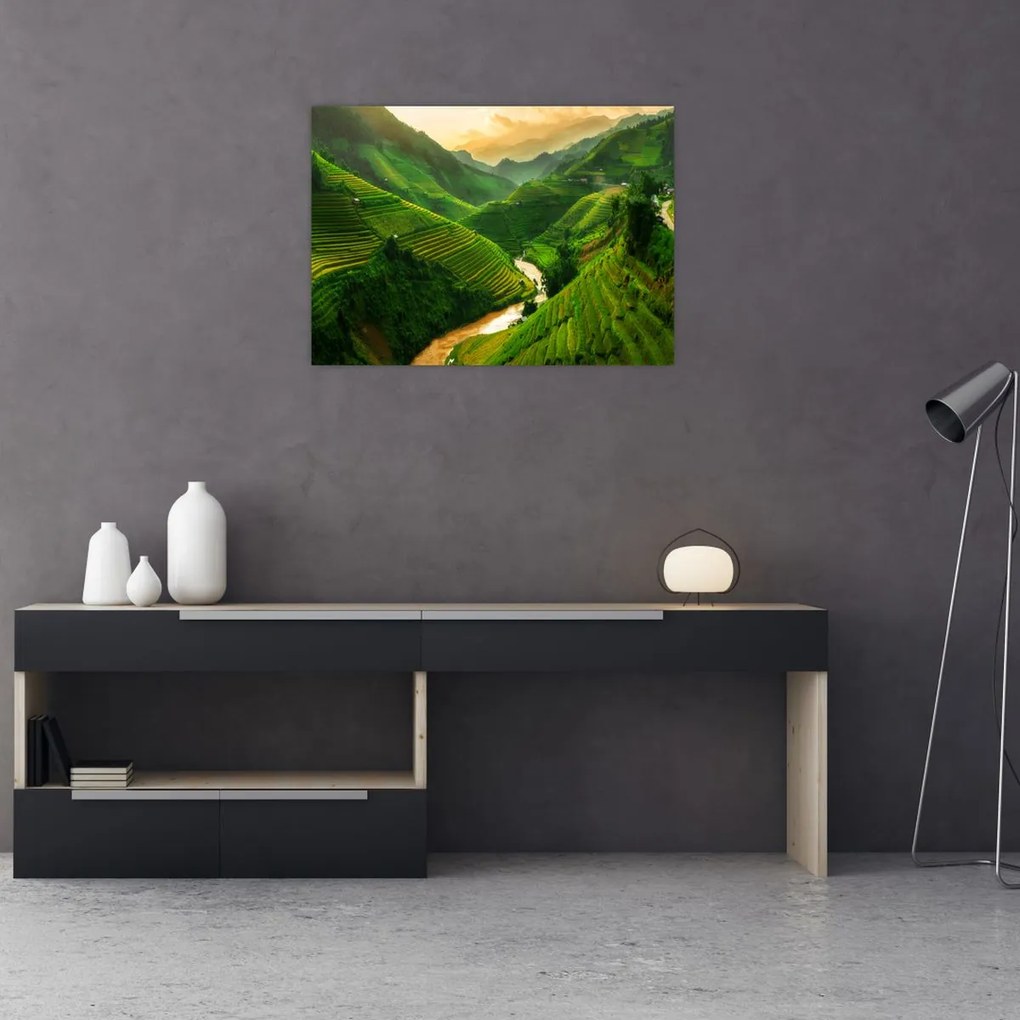 Üveg kép - Mu Cang Chai rizsteraszok (70x50 cm)