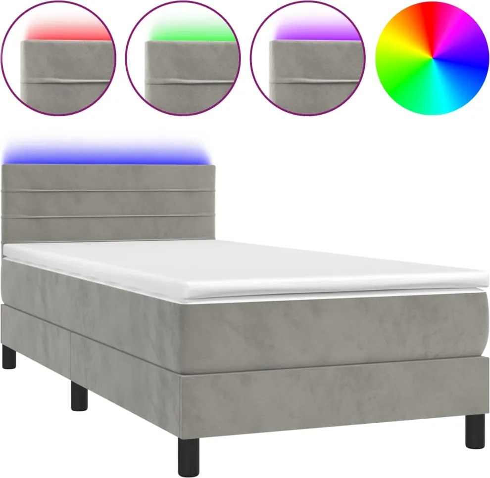 vidaXL világosszürke bársony rugós és LED-es ágy matraccal 90x190 cm