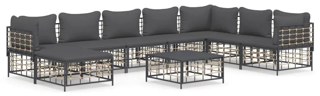 9 részes antracitszürke polyrattan kerti ülőgarnitúra párnákkal