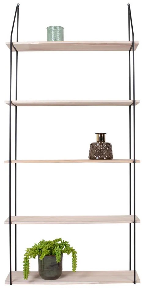 Eindhoven polc, 5 natúr fa polccal, fekete keret 65x17x145 cm