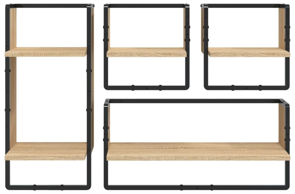 4 részes sonoma tölgy színű szerelt fa fali polc szett rúddal