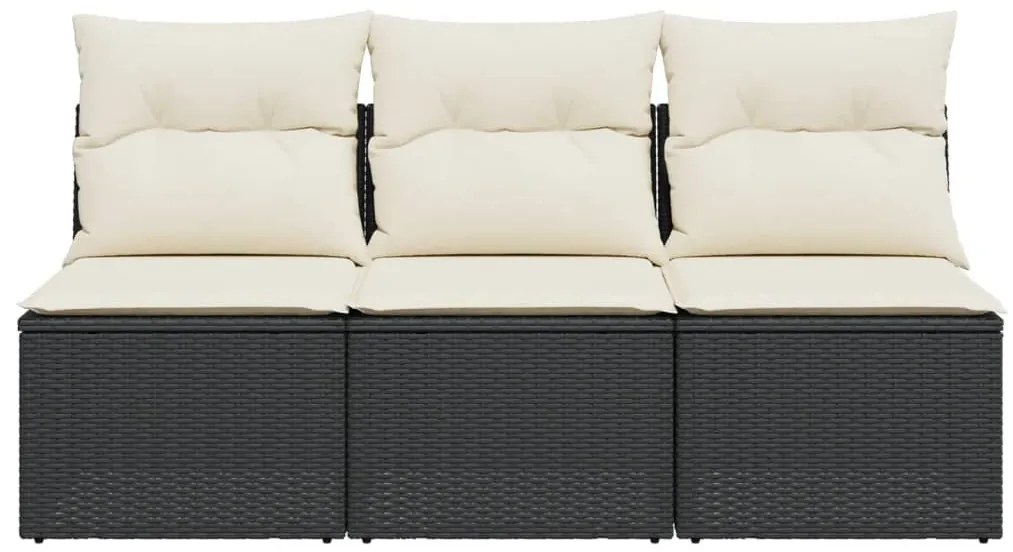 Fekete 3 személyes polyrattan kerti kanapé párnákkal