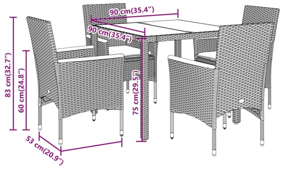 vidaXL 5 részes fekete polyrattan/üveg kerti étkezőgarnitúra párnákkal