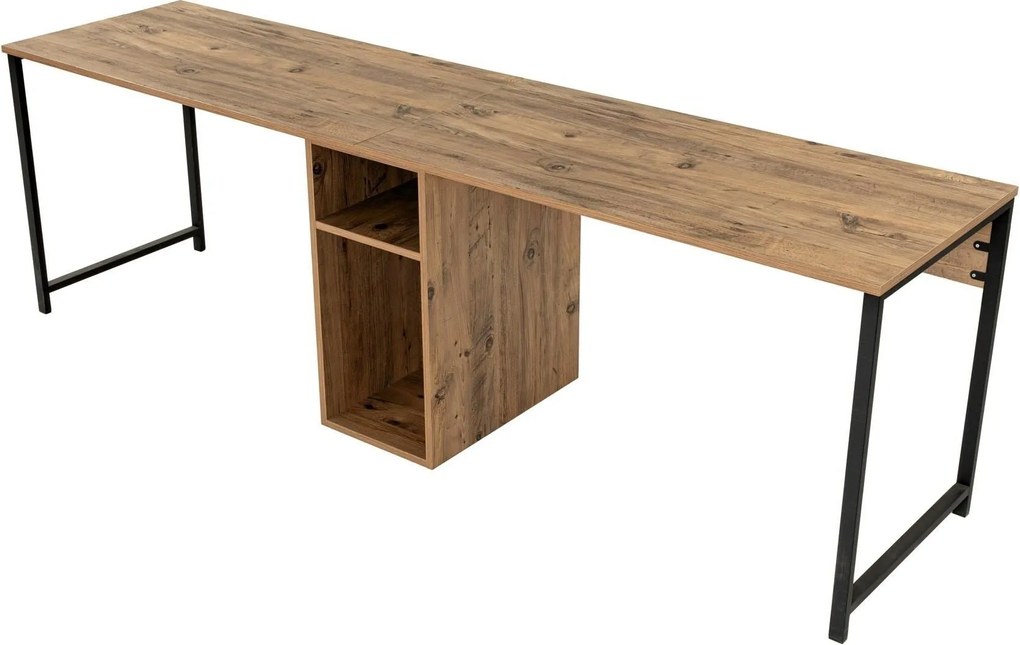 Kétszemélyes tanulóasztal polcokkal – Atlantic Pine & Fekete, 240 cm