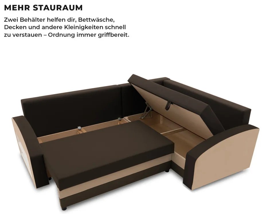 Grande sarokkanapé polcokkal , polc a bal karfaban, jobboldali, szövet anyag, hab töltet, barna