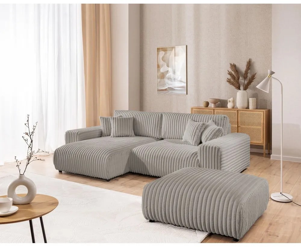 Világosszürke kordbársony kinyitható-tárolóhelyes sarokkanapé (bal oldali) Sarina – Ropez