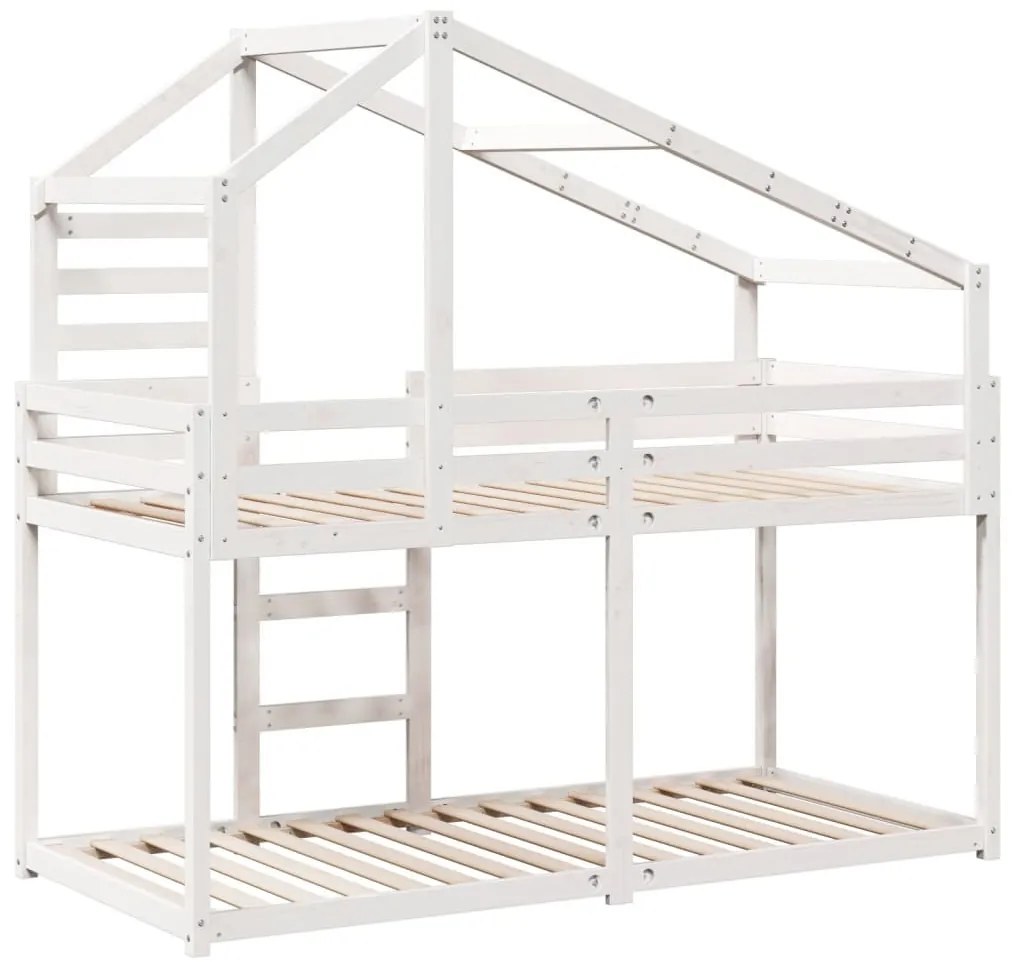 fehér tömör fenyőfa ágy emelettel és tetővel 90 x 190 cm