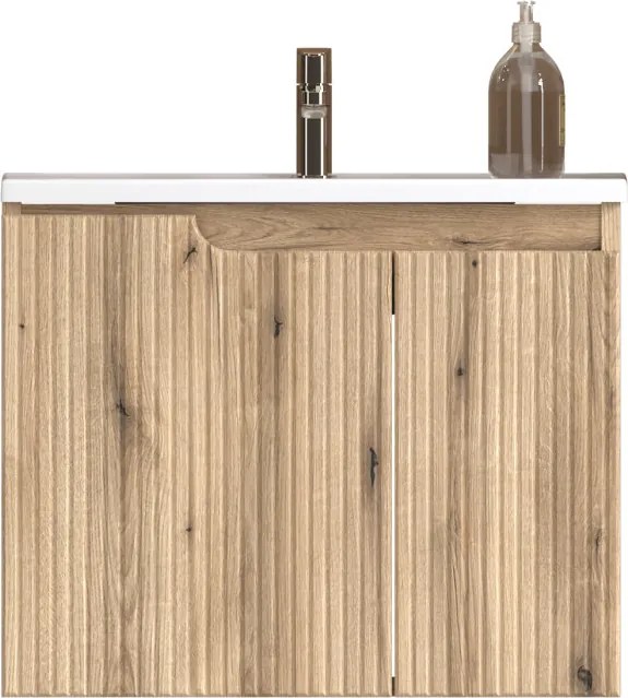 Piramida EURIDIKA fali fürdőszobabútor - műmárvány mosdóval -2 ajtós - PINO TÖLGY - 65 x 48 x 53 cm