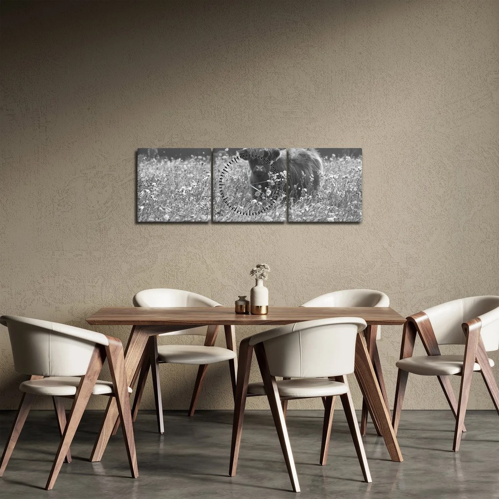 Kép - Skót tehén 5, fekete-fehér (órával) (90x30 cm)