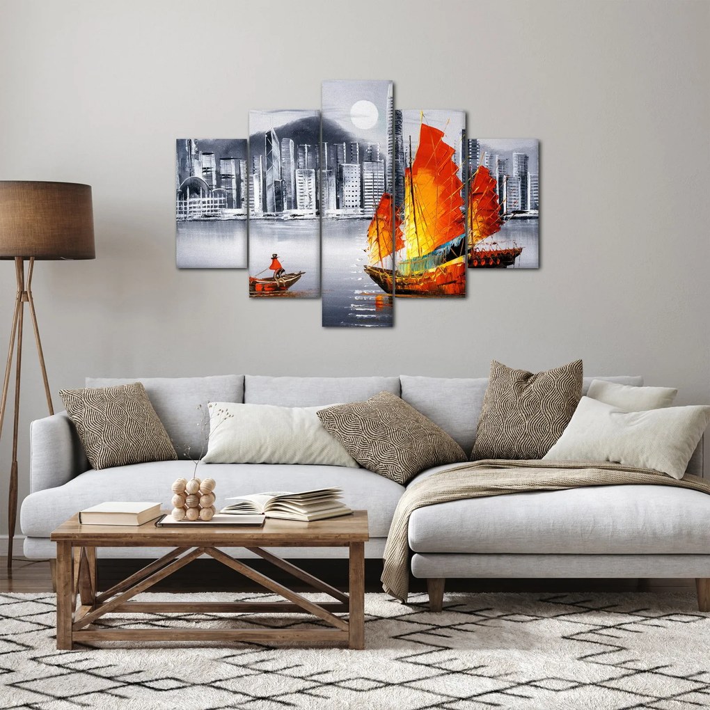 Festmény - Victoria Harbour, Hong Kong, fekete-fehér olajfestmény (150x105 cm)