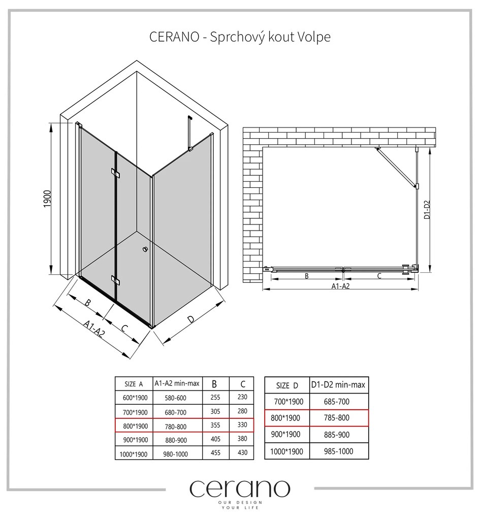 Cerano Volpe, zuhanykabin összecsukható ajtóval 80 (ajtó) x 80 (fal), 6mm átlátszó üveg, fekete profil, CER-CER-427318