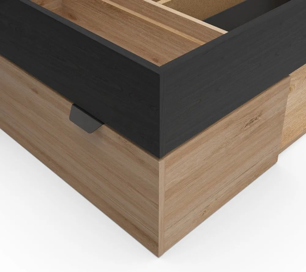 Fekete-natúr színű ágyneműtartós egyszemélyes ágy ágyrács nélkül, tölgyfa dekorral 90x200 cm Albo – Marckeric