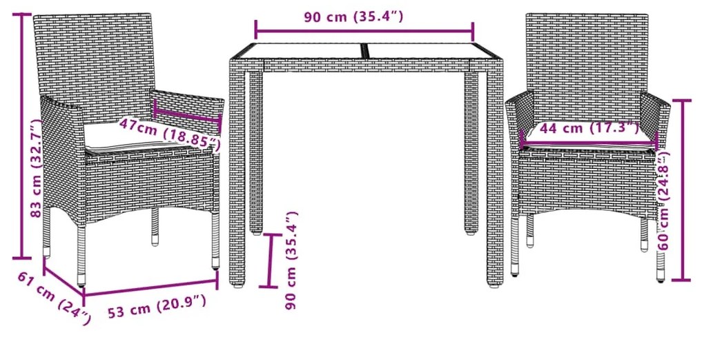 3 részes fehér polyrattan/üveg kerti étkezőgarnitúra párnákkal