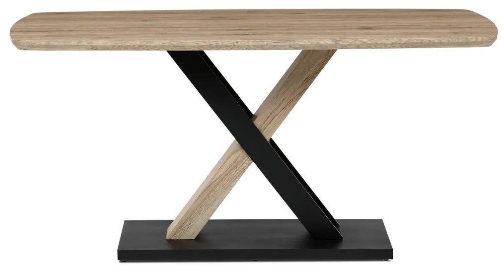 Masă de sufragerie modernă 160x90cm, MDF, stejar 3D culoare san remo, picioare metalice, lac negru