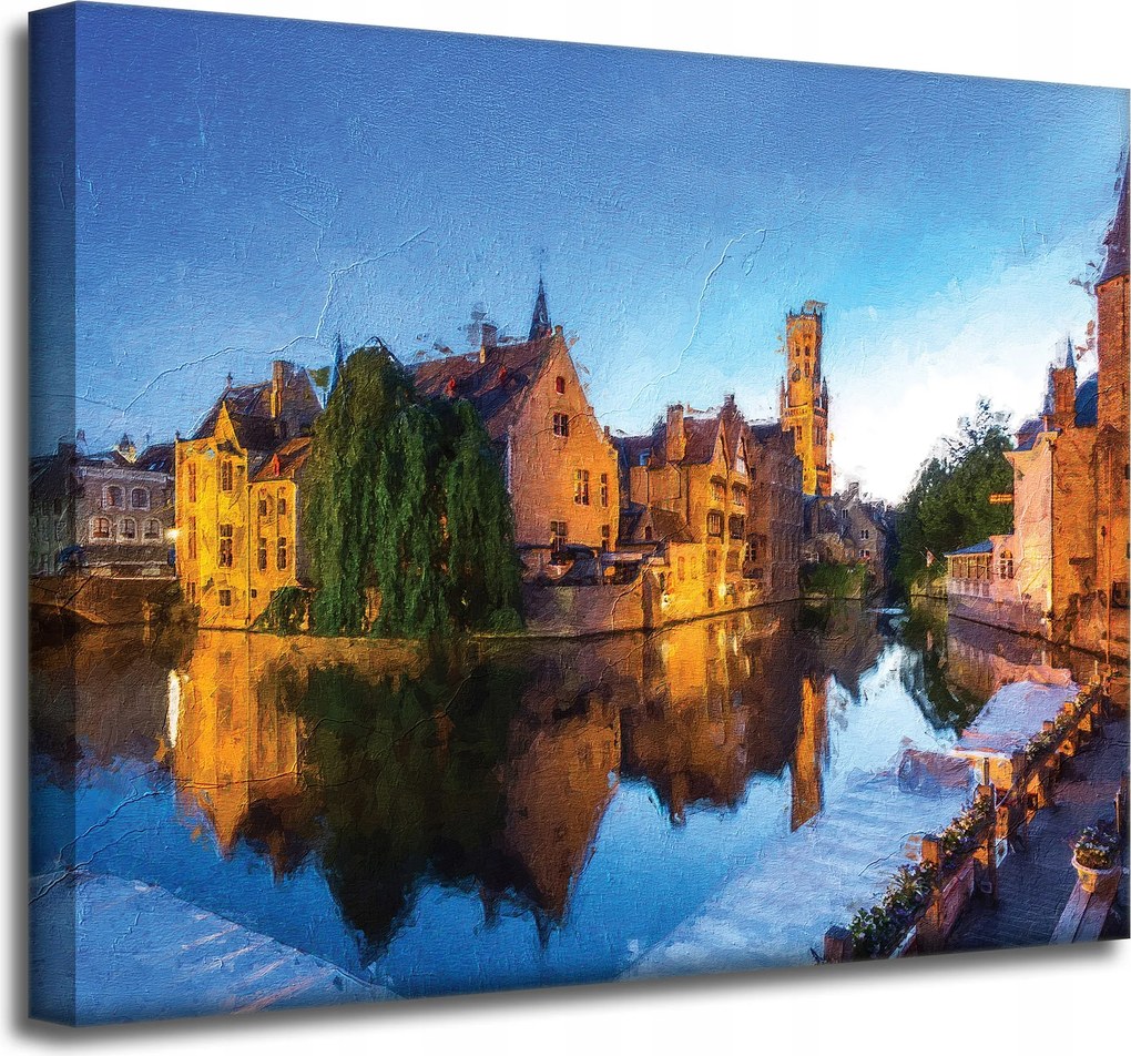 Vászonkép Folyó Város Este Olaj Stílus 50x40 cm