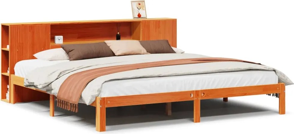 vidaXL barna tömör fenyőfa könyvespolcos ágy matrac nélkül 180 x 200cm