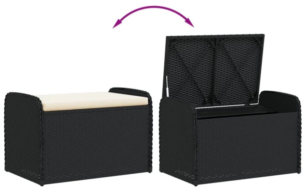 fekete polyrattan tárolópad párnával 80 x 51 x 52 cm