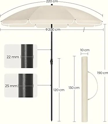 200 cm-es napernyő, UPF 50+ védelem, dönthető, talp nélkül, bézs