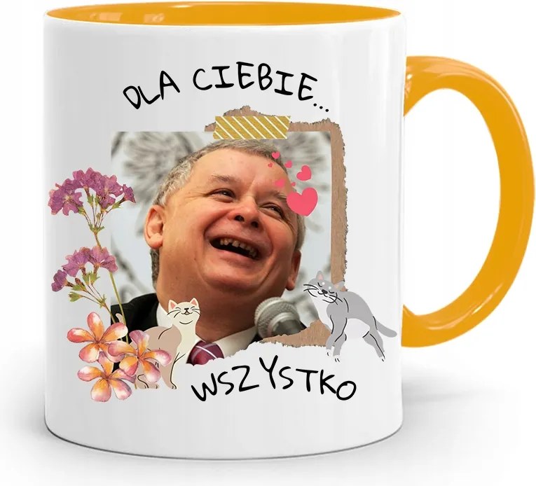 Sárga Vicces Bögre Jaroslaw Kaczynski felirattal, fényképpel