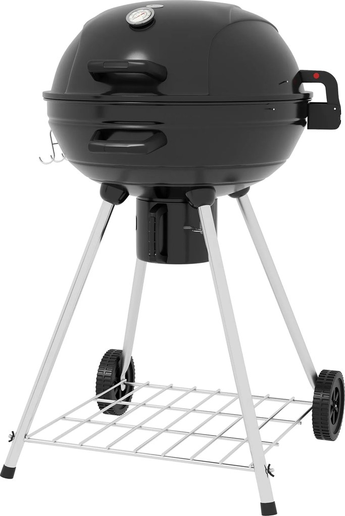 Outsunny Szén Grillező BBQ Füstölő Fedél Hőmérő Kerekek Szénedény Fogantyú Grillkocsi Kettle Grill, Szén Grillező Grillpartira, Kempingezéshez, Terasz