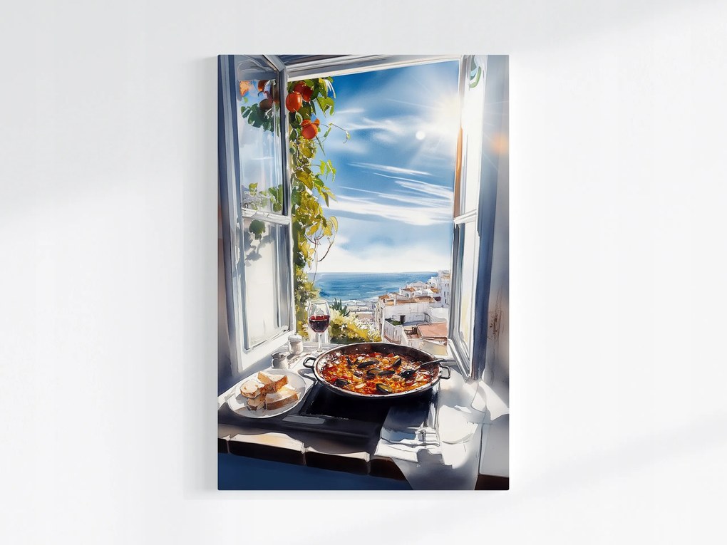 Canvas Vászonkép Ablak Konyha Tenger Paella Bor Spanyolország 40x60