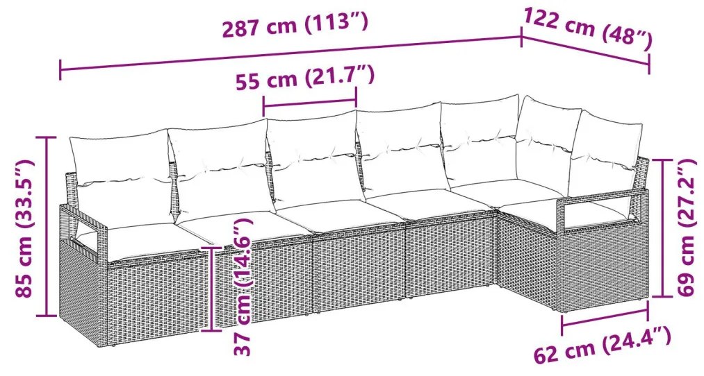 6 részes kertkanapé szett párnákkal Bézs poli rattan, 2 fős kertkanapé párnákkal Bézs poli rattan