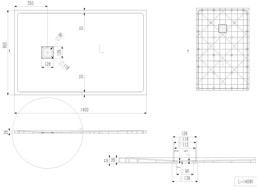 Erga Hyper, SMC zuhanytálca 140x90x2,6 cm + szifon, fehér matt, ERG-V06-SMC-9014S-WH