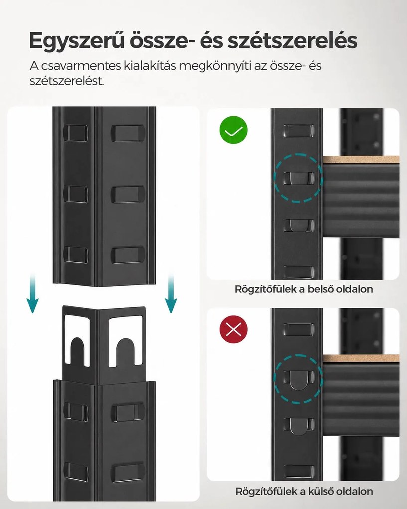 Nagy teherbírású tárolópolc, 5 állítható polccal, 650 kg teherbírás, 75 x 30 x 150 cm, rusztikus barna/fekete