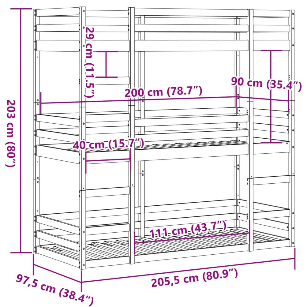 viaszbarna tömör fenyőfa háromszintes ágy 90 x 200 cm